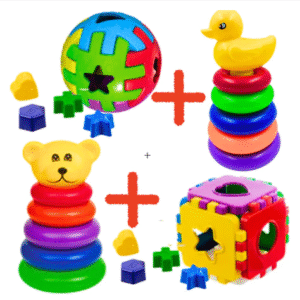 Kit Brinquedos Educativos Ursinho + Pato + Bola Didatica +Cubo Didático com Peças para Encaixar
